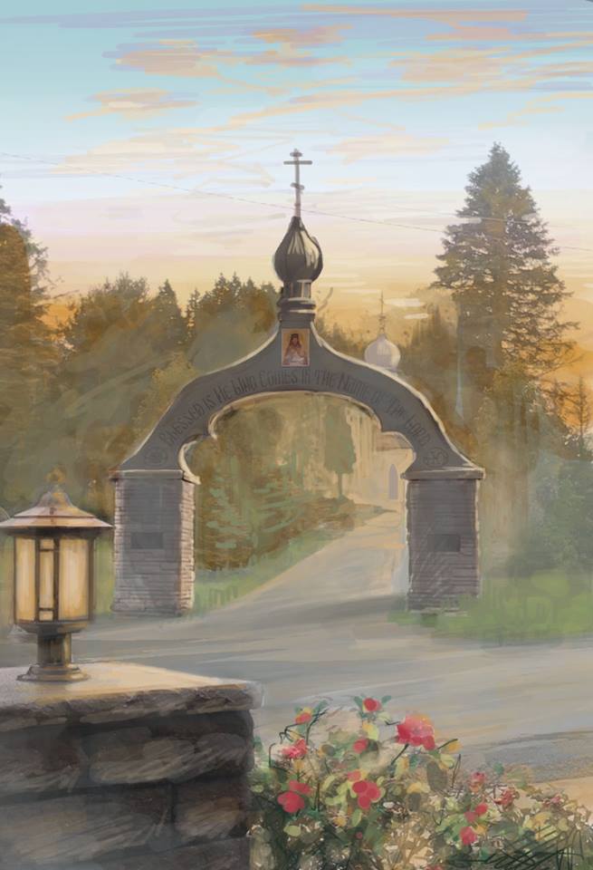 Painting of the gate of St Tikhon Monastery